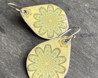 Mandala Earrings, Yellow Enamel Earrings, Yellow and Blue Earrings, Summery Earrings, Handmade Enamel Jewelry