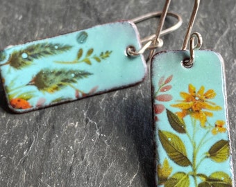 Small Flower Earrings, Enamel Earrings Dangle, Handmade Floral Earrings, Handmade Enamel Jewelry, Made in Maine, Gift for Gardener
