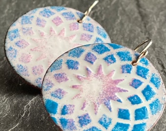 Blue and Purple Earrings, Handmade Enamel Earrings, Mandala Earrings, Handmade Boho Earrings
