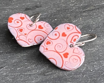 Pink Heart Earrings, Enamel Heart Earrings, Valentine Heart Earrings, Handmade Enamel Jewelry