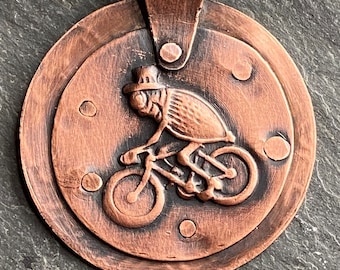 Flea Circus, Whimsical Pendant, Handmade Copper Pendant, Quirky Jewlery, Bicycle Pendant