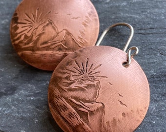 Mountain Earrings, Mountain Earrings Dangle, Mountain Jewelry for Women, Handmade Copper Earrings, Landscape Earrings, Mountain and Sun