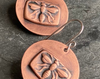 Bee Earrings, Bee Jewelry, Handmade Copper Earrings, Embossed Copper Earrings