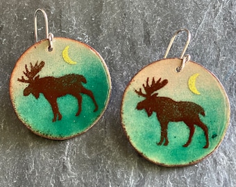 Moose Earrings, Moose Jewelry, Wildlife Earrings, Handmade Enamel Earrings