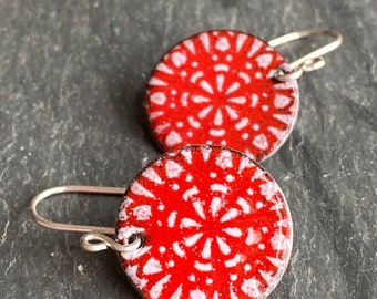 Mandala Earrings, Small Boho Earrings, Red Enamel Earrings, Red and White Earrings, Handmade Enamel Jewelry, Maine Made Jewelry