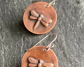 Round Copper Earrings, Dragonfly Earrings Dangle, Copper Dragonfly, Handmade Copper Jewelry, Maine Made Jewelry