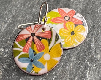 Fun Flower Earrings, Bright Earrings, Vibrant Flowers, White Enamel Earrings, Handmade Bohemian Earrings, Handmade Enamel Jewelry