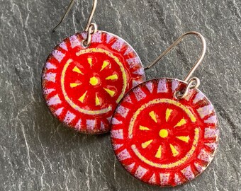 Red Boho Earrings, Red Enamel Earrings, Mandala Earrings, Handmade Enamel Jewelry