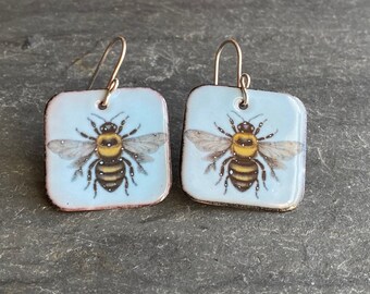 Bee Earrings, Square Earrings Dangle, Blue Enamel Earrings, Bee Jewelry for Women, Handmade Enamel Earrings, Gift for Bee Lover