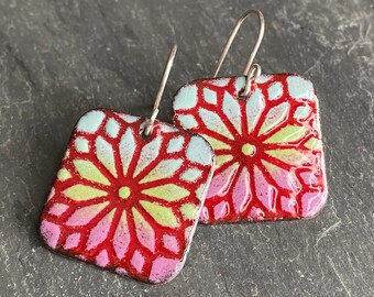 Red Enamel Earrings, Red Square Earrings, Bright Earrings, Handmade Boho Jewelry, Red and Purple Earrings, Handmade Bohemian Earrings