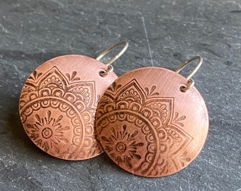 Copper Earrings Handmade, Copper Mandala Earrings, Rustic Copper Earrings, Boho Copper Earrings, Handmade Copper Jewelry