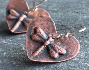 Dragonfly Earrings, Copper Valentine Earrings, Handmade Copper Earrings, Valentine Heart Earrings, Valentine Jewelry