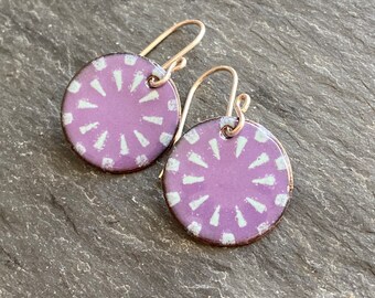 Purple earrings Dangle, Small Boho Earrings, Small Disc Earrings, Handmade Enamel Jewelry