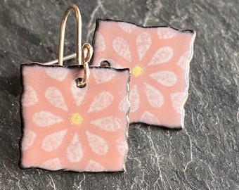 Pink Enamel Earrings, Enamel Flower Earrings, Square Earrings, Handmade Boho Jewelry, Boho Flower Earrings, Pink Flower Earrings