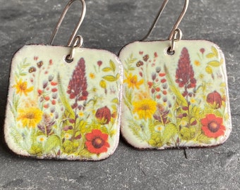 Square Dangle Earrings, Wildflower Earrings, Green Floral Earrings, Gift for Gardener, Handmade Enamel Jewelry, Made in Maine Jewelry