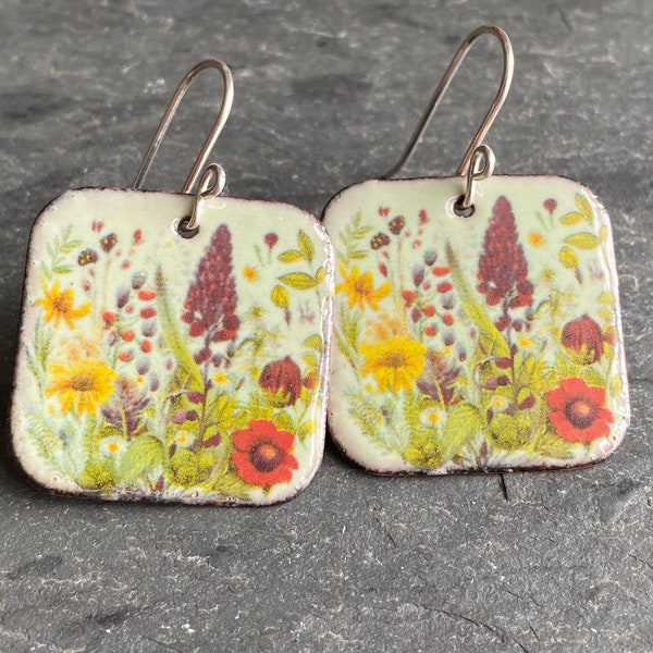 Square Dangle Earrings, Wildflower Earrings, Green Floral Earrings, Gift for Gardener, Handmade Enamel Jewelry, Made in Maine Jewelry