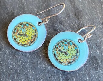 Small Bee Earrings, Enamel Bee, Blue Enamel Earrings, Handmade Enamel Jewelry, Gift for Bee Lover