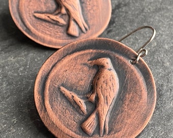 Crow Earrings, Crow Jewelry, Handmade Copper Jewelry, Rustic Copper