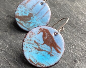 Crow Earrings, Crow Jewelry, Blue Enamel Earrings, Gardening Earrings, Handmade Enamel Jewelry, Handmade Enamel Earrings, Gift for Gardener