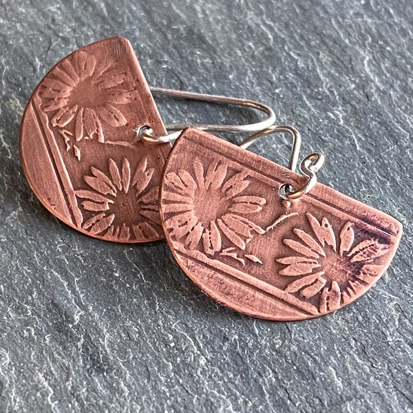 Daisy Earrings Dangle, Handmade Copper Jewelry, Half Moon Earrings, Boho Flower Earrings, Handmade Copper Earrings, Flower Earrings
