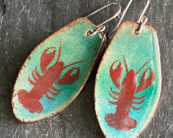 Lobster Earrings, Handmade Enamel Jewelry, Torch Fired Earrings, Maine Lobster
