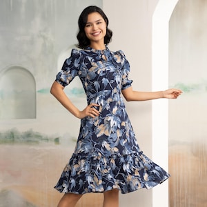 Navy Blue Floral Midi Dress – Puff Sleeve Boho Dress with Ruffle Neckline, Elegant Fit & Flare Summer Dress for Women