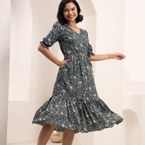 Teal Floral Midi Dress: Flowy V-Neck Ruffle Hem Cottagecore