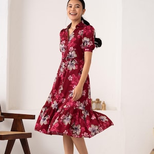 Red Floral Puff Sleeve Midi Dress | Romantic Summer Dress | V-Neck Tiered Dress | Cottagecore Garden Dress | Soft Vintage Style