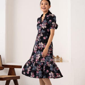 Black Floral Puff Sleeve Midi Dress | Romantic Summer Dress | V-Neck Tiered Dress | Cottagecore Garden Dress | Soft Vintage Style