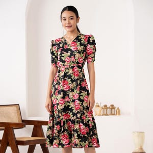 Vintage-Inspired Floral Midi Dress | Puff Sleeve Summer Dress | Elegant Cottagecore Outfit | Green Rose Print Black Dress for Women