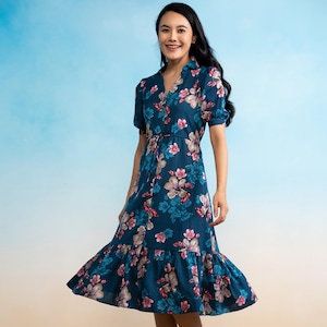 Blue Floral Puff Sleeve Midi Dress | Romantic Summer Dress | V-Neck Tiered Dress | Cottagecore Garden Dress | Soft Vintage Style