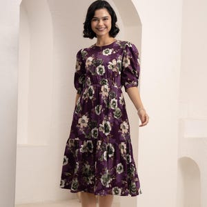 Purple Floral Midi Dress / Puff Sleeve Tiered Dress / Elegant Round Neck Dress / Garden Party / Wedding Guest Dress / Spring Summer Outfit