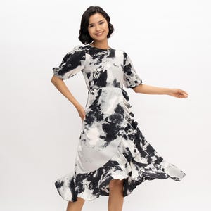 Elegant Black Abstract Midi Dress with Puff Sleeves – Ruffle Detail Tie-Dye Style Dress for Women