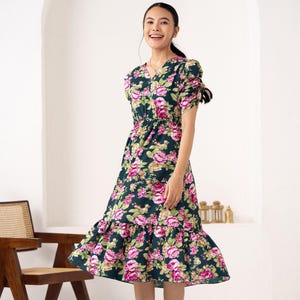 Vintage-Inspired Floral Midi Dress | Puff Sleeve Summer Dress | Elegant Cottagecore Outfit | Green Rose Print Blue Dress for Women