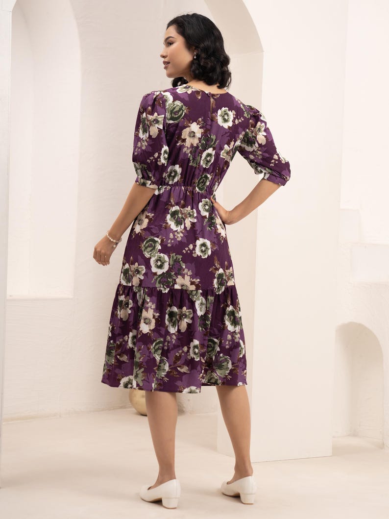 Purple Floral Midi Dress / Puff Sleeve Tiered Dress / Elegant Round — free download
