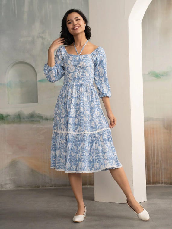 Blue Floral Cotton Midi Dress: Boho Cottagecore Halter Dress - Etsy