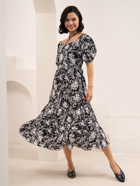 Women's Black Printed Crushed Crepe Tiered Midi Dress  Elegant Casual Dress  for All Seasons - Etsy