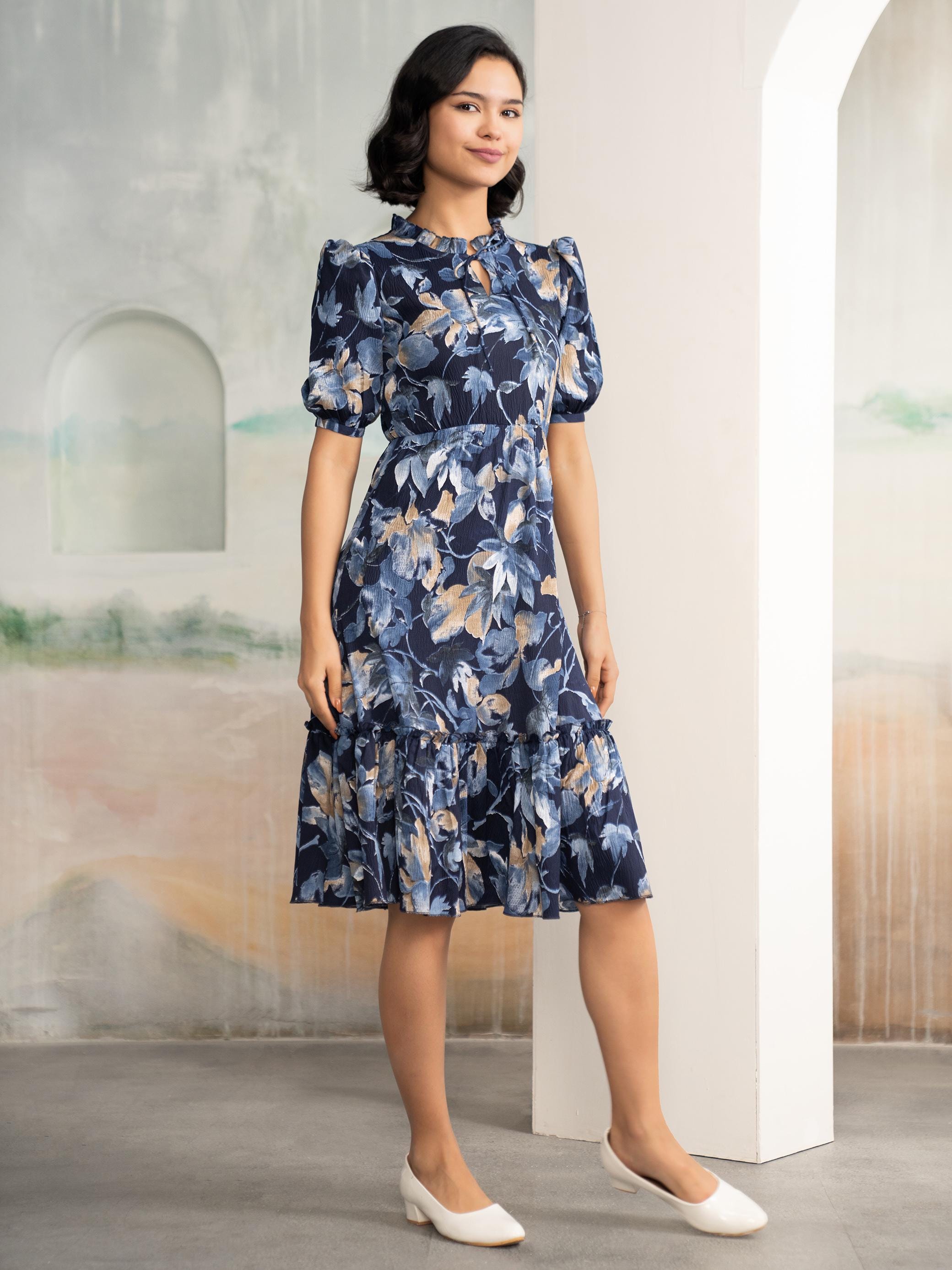 fit and flare summer dress with sleeves Women Front Slit Floral Fit-and-Flare Smocked Waist Casual Midi Summer Dress