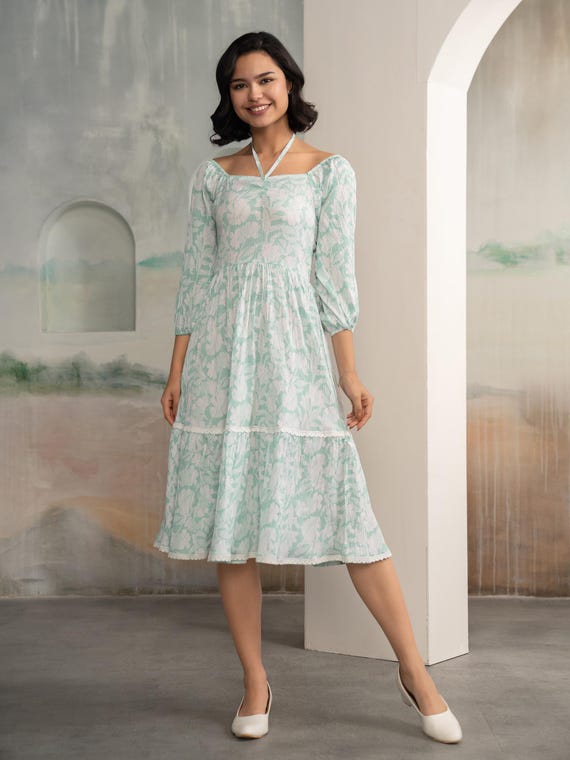 green zara satin dress Melody Light Green Cotton Midi Tiered Dress – Finery London