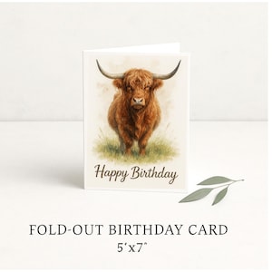 Watercolor Highland Cow Birthday Card: Rustic Farm Animal Greeting