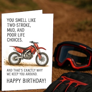 Birthday Edition: Funny Motocross Card Dirt Bike Rider Gift Two Stroke Mud Joke Red MX Bike Birthday Card for Him or Her
