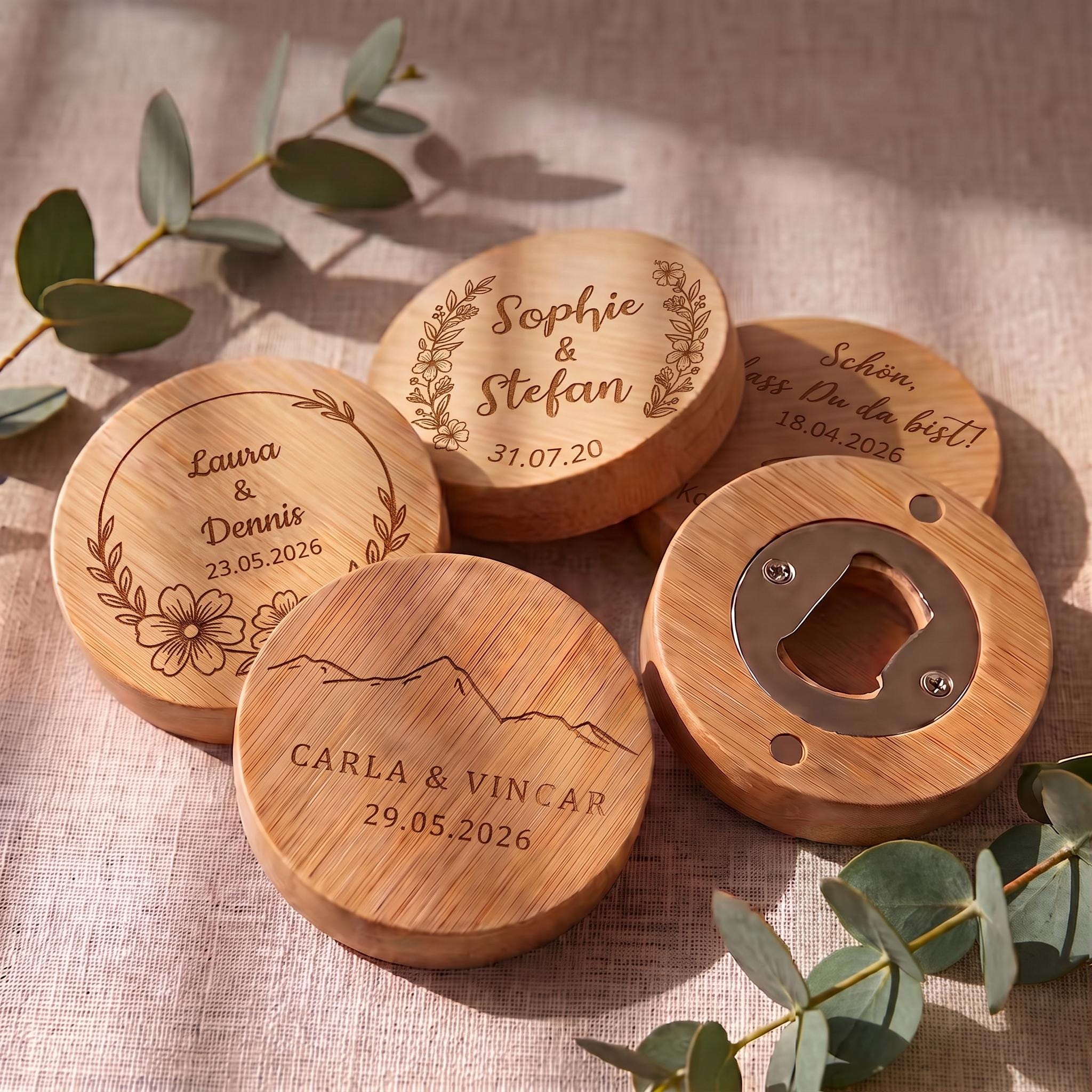 Gastgeschenk Hochzeit Flaschenöffner personalisiert | Holz Dankeschön für Gäste | Give-Away Hochzeitsdeko Gravur