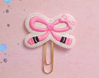 Pink Crayon Bow Glitter Bookmark Paperclip