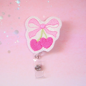 Coquette Pink Cherry Bow Badge Reel, Pink Badge Reel, Feltie Badge Reel, ID Badge Holder, Cute ID Badge Reel, Nurse Badge Reel