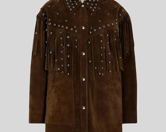 Women’s Dark Brown Suede Fringe Jacket – Western Style Studded Coat