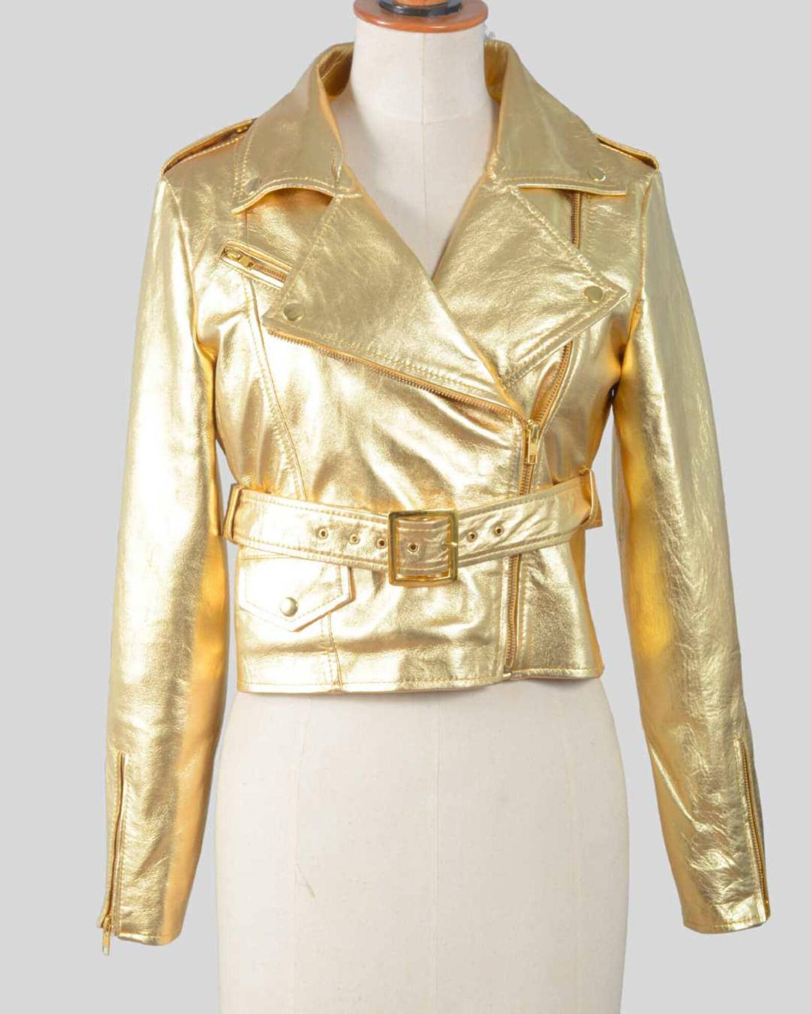 Women's Gold Lambskin Leather Biker Jacket – Handmade Cropped