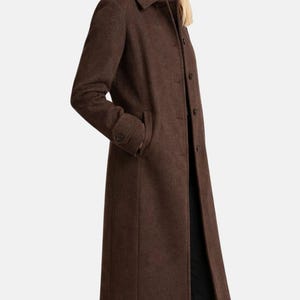 Women dark brown wool long coat with button front classic winter outerwear