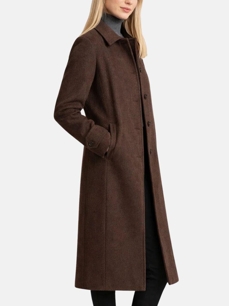 Women dark brown wool long coat with button front classic winter outerwear