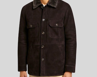Chaqueta de ante marrón oscuro con cuello de piel de oveja para hombre – Chaqueta de botones de invierno