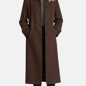 Women dark brown wool long coat with button front classic winter outerwear